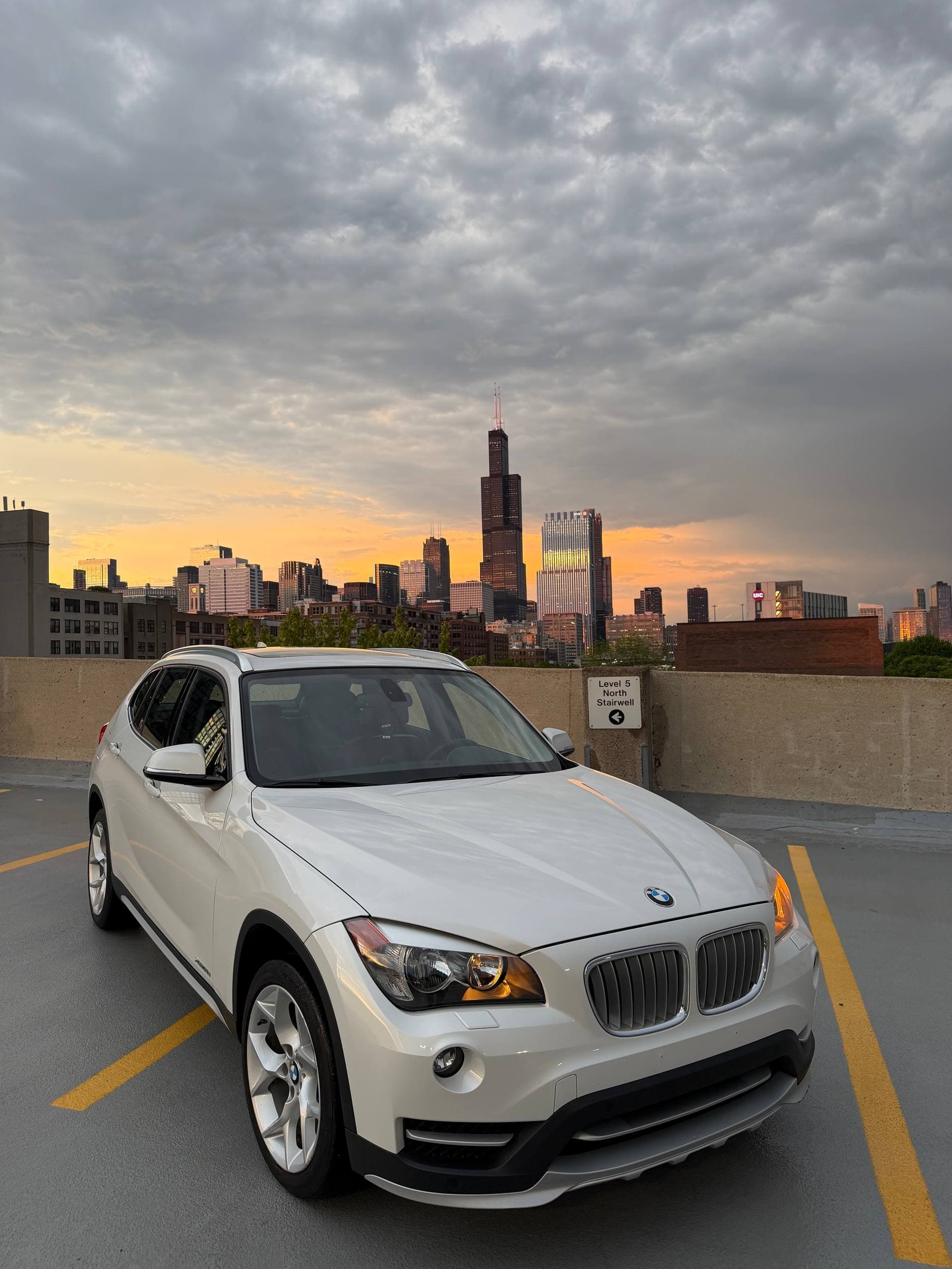 BMW with skyline reflection after a DETAILX Chicago detail.