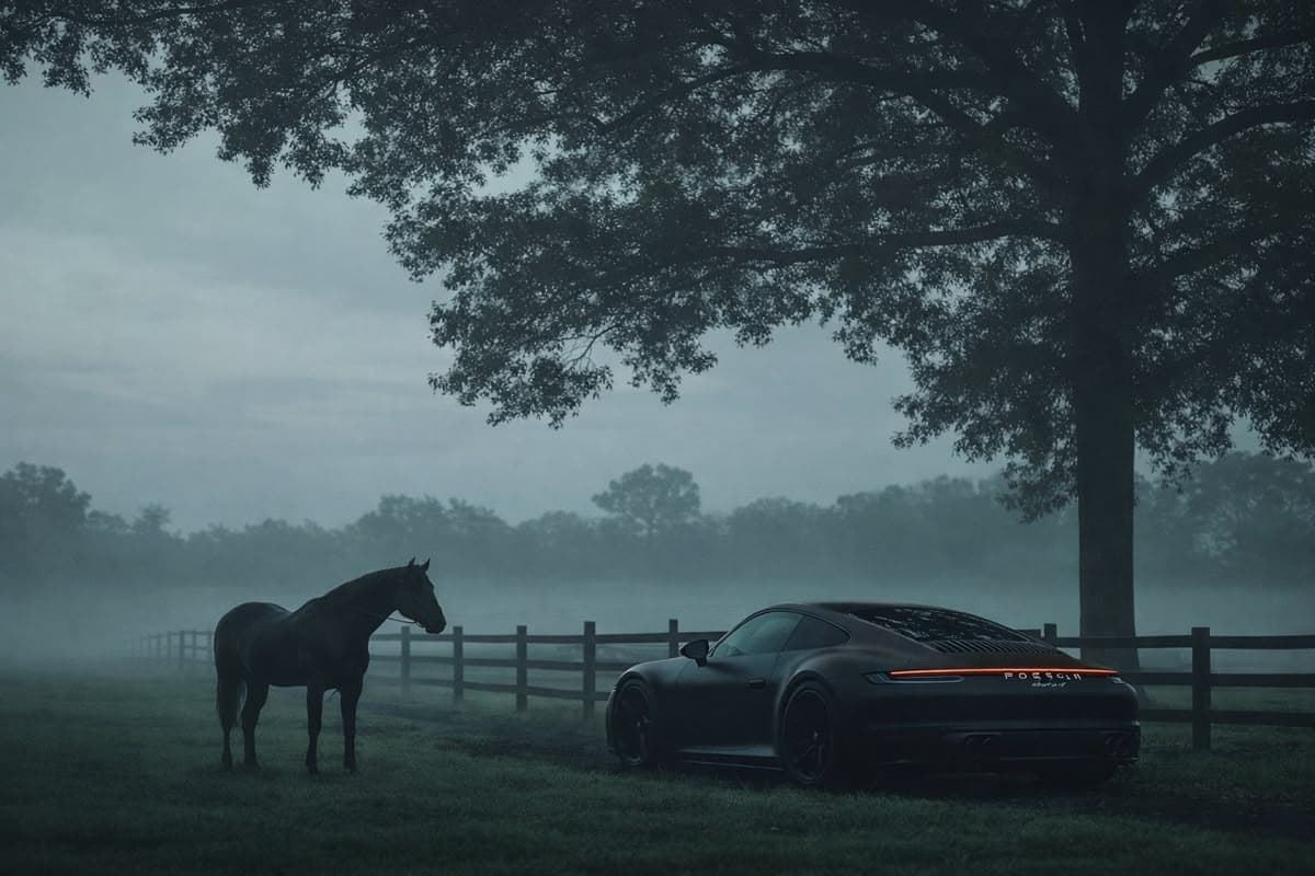 Porsche in a misty field for DETAILX Chicago